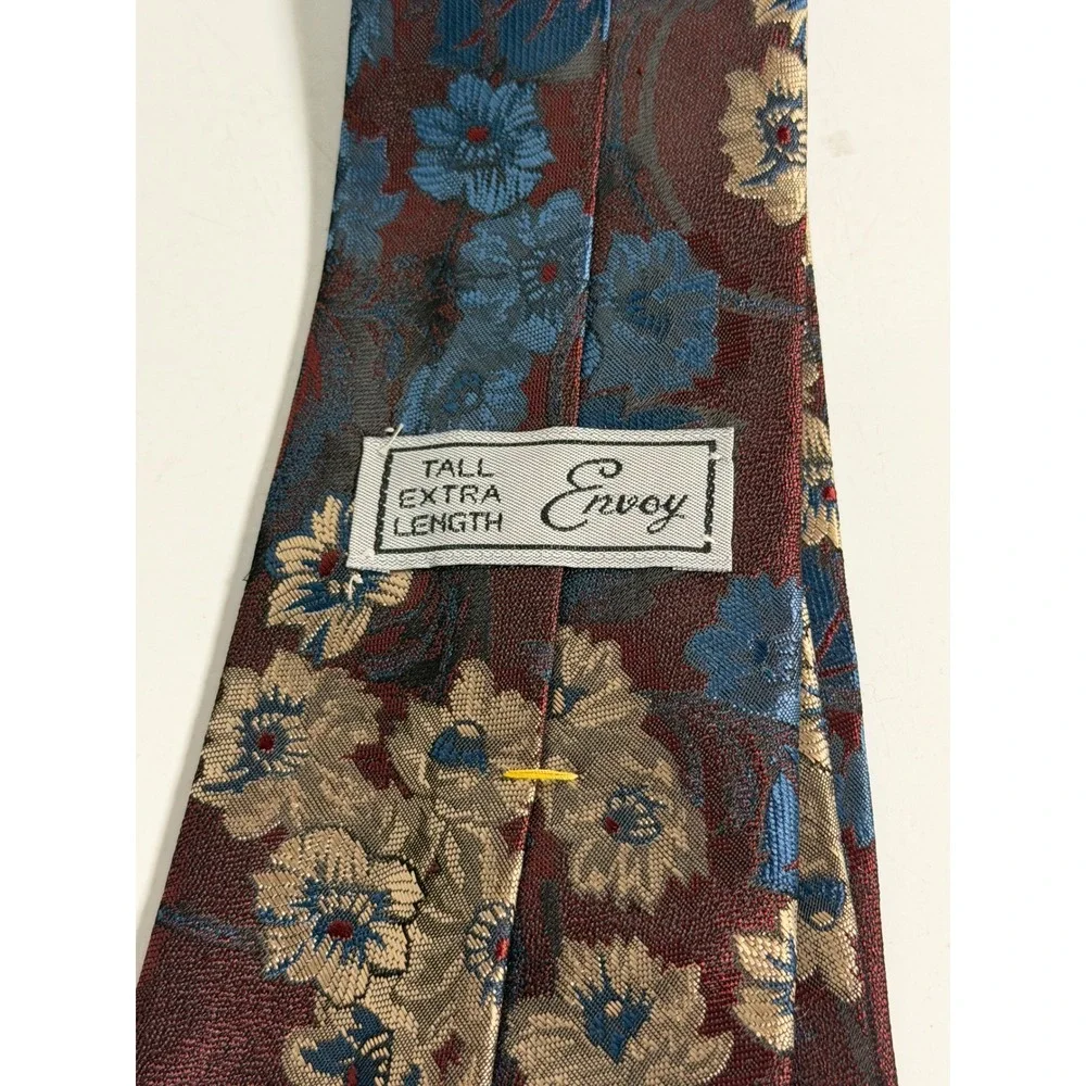VTG Envoy Necktie Burgundy Floral Jacquard Tall Extra Length Silk Blend Mens
